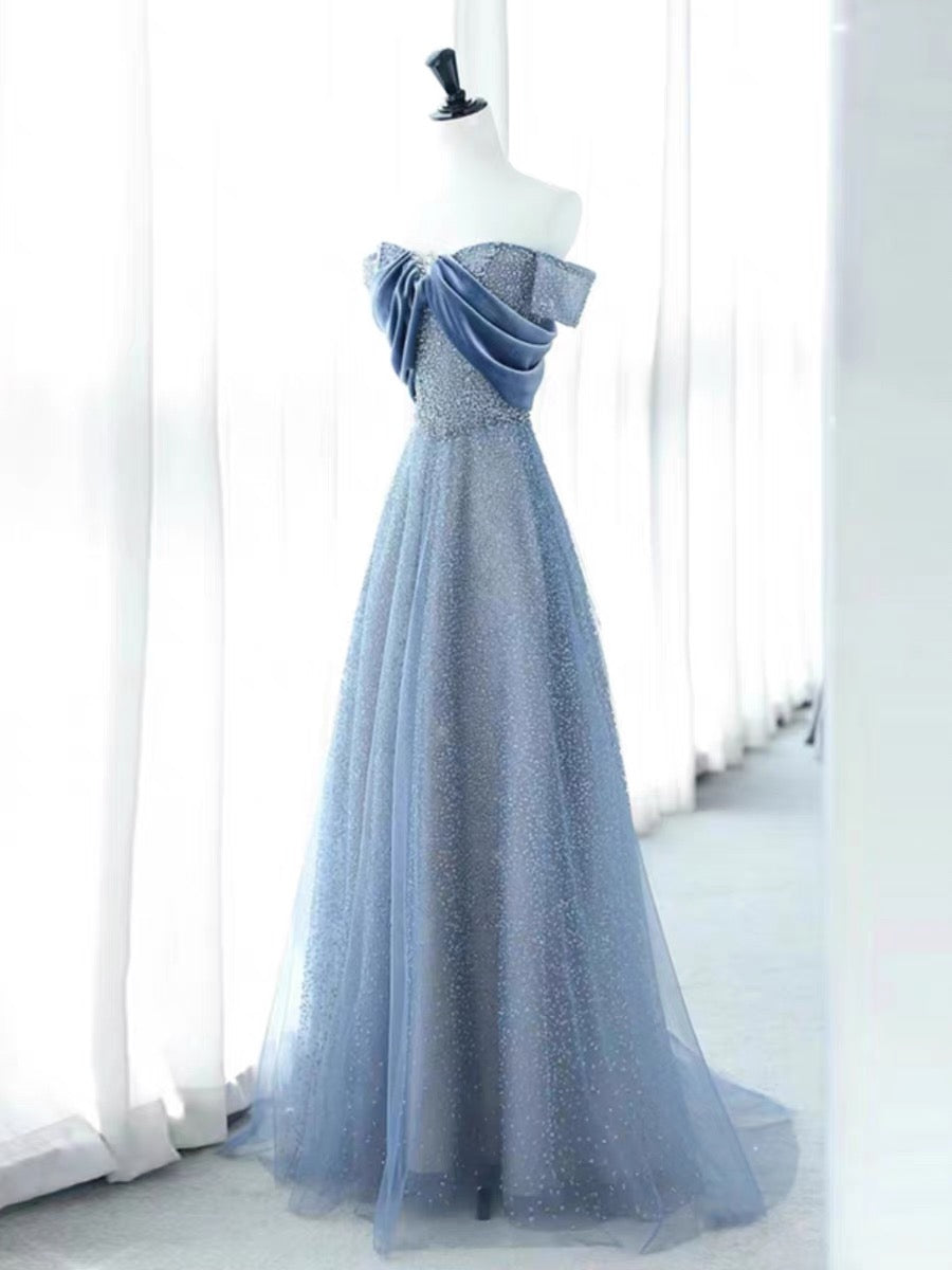 Elegant A Line Off The Shoulder Blue Sequin Long Prom Dress Evening Dresses
