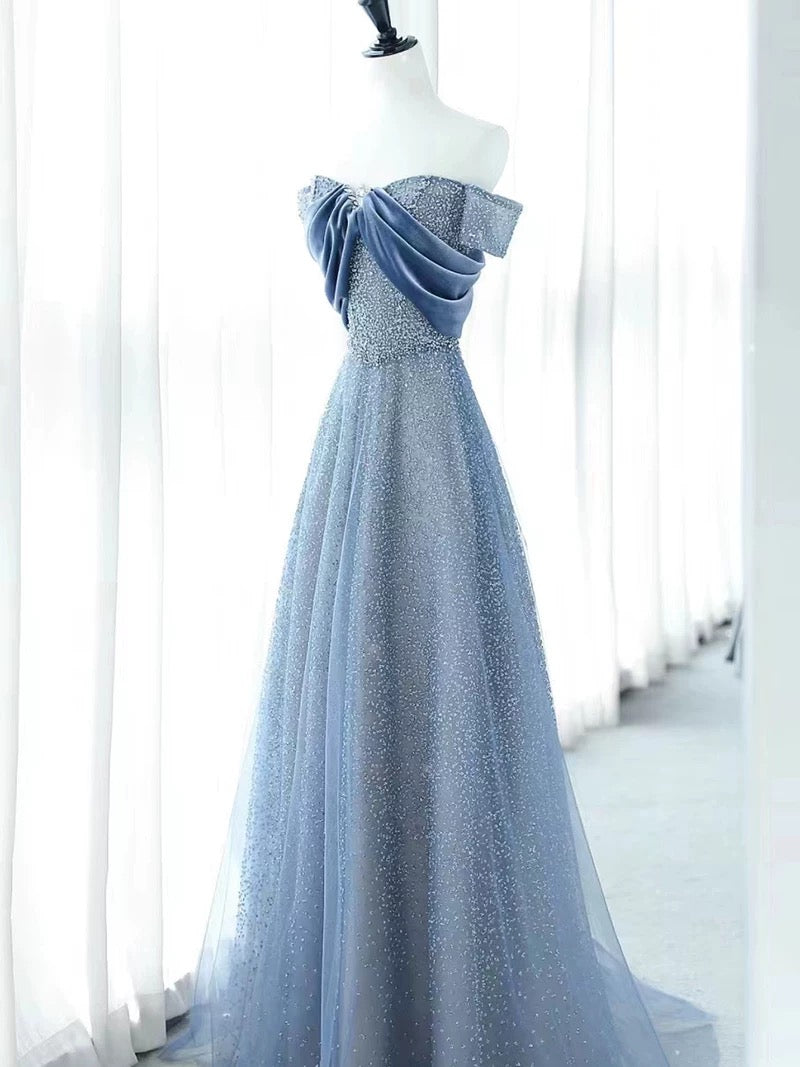 Elegant A Line Off The Shoulder Blue Sequin Long Prom Dress Evening Dresses