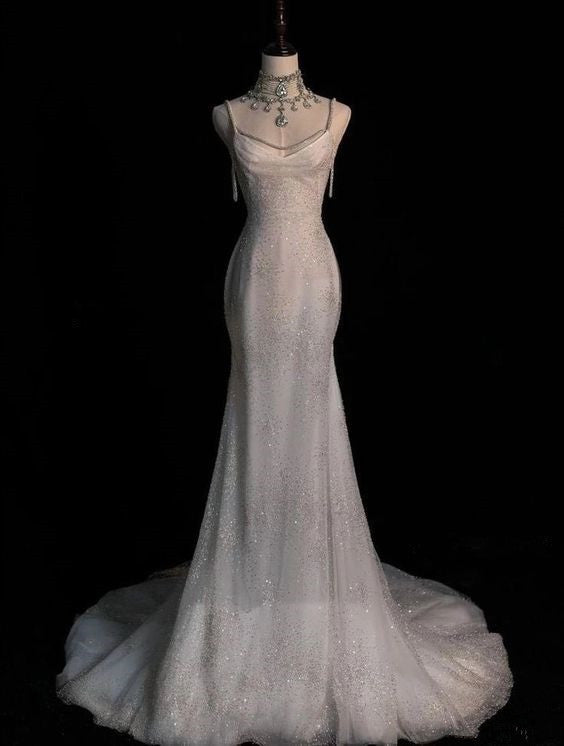 Elegant Mermaid Spaghetti Straps Sequin Long Wedding Dresses