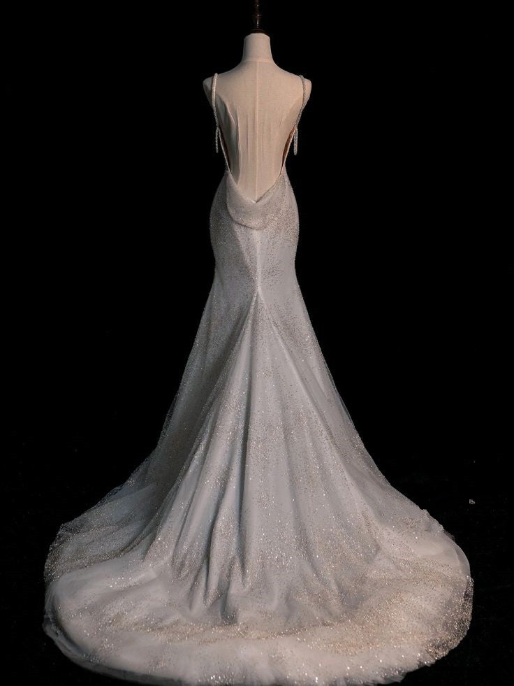 Elegant Mermaid Spaghetti Straps Sequin Long Wedding Dresses