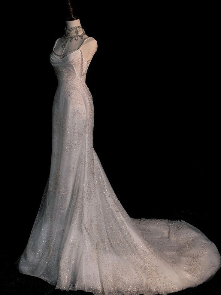 Elegant Mermaid Spaghetti Straps Sequin Long Wedding Dresses