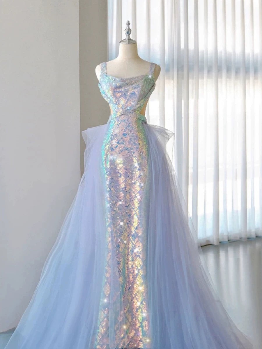 Elegant Mermaid Square Neckline Blue Sequin Long Prom Dress Evening Dresses