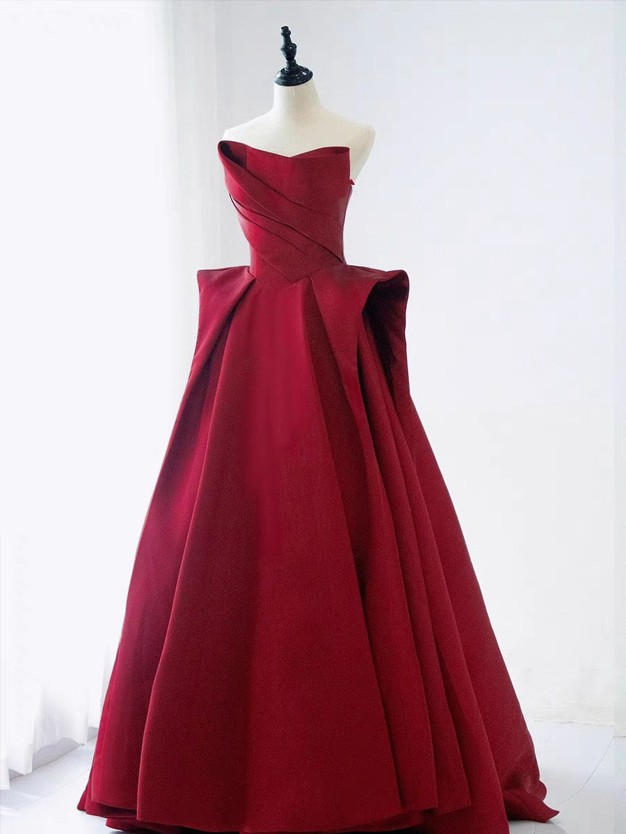 Elegant Ball Gown Strapless Burgundy Satin Long Prom Dress Evening Dresses