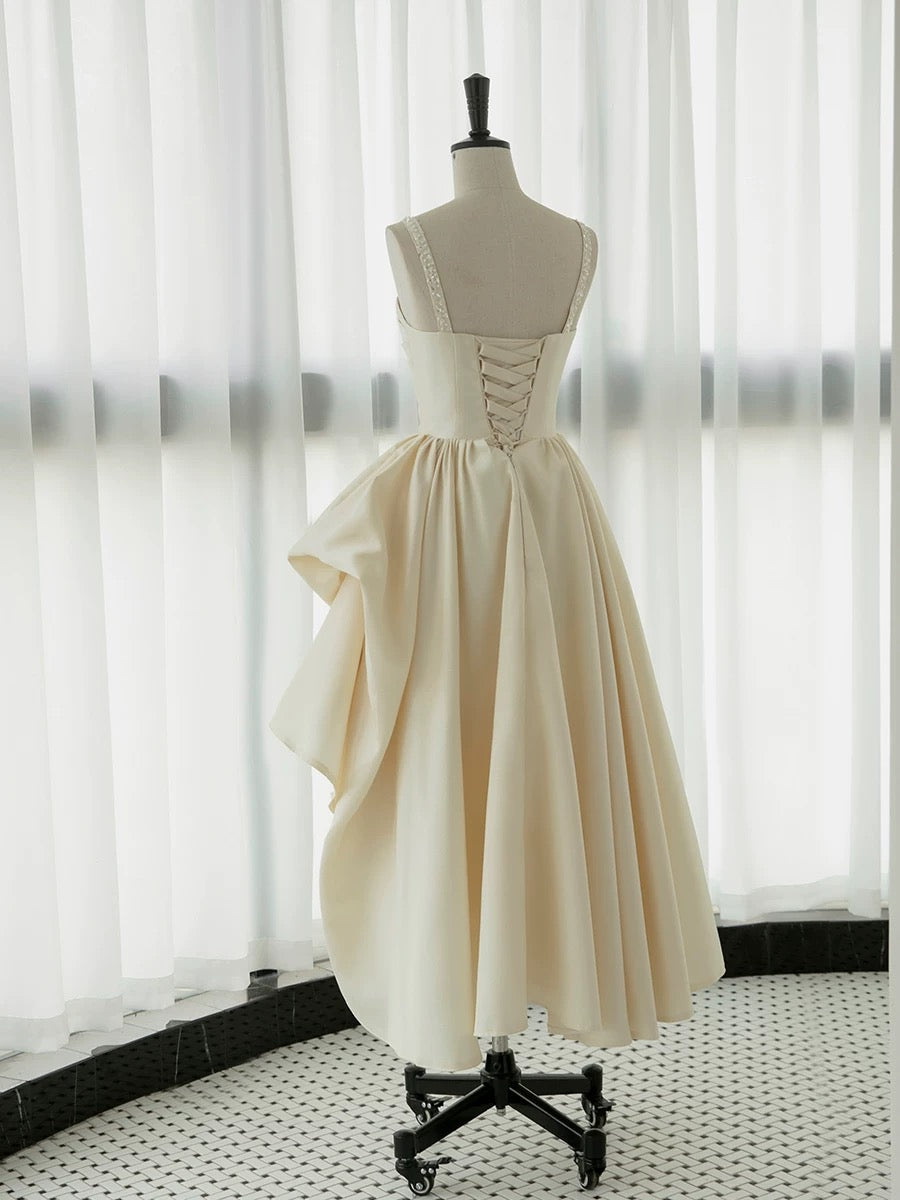 Chic High Low Straps Sleeveless Ivory Satin Wedding Dresses With Ruffles