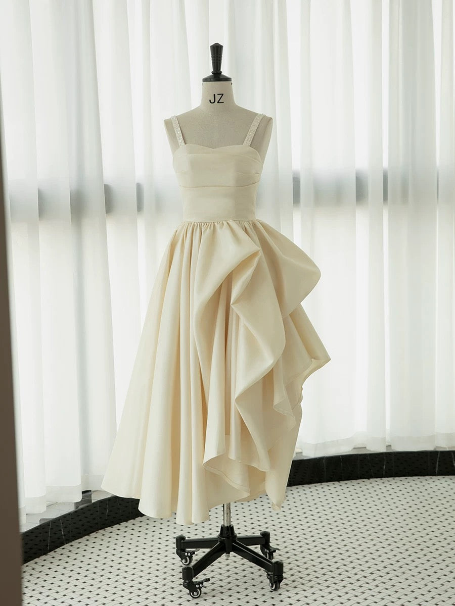 Chic High Low Straps Sleeveless Ivory Satin Wedding Dresses With Ruffles