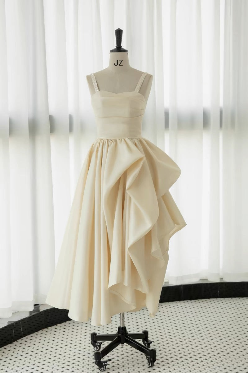 Chic High Low Straps Sleeveless Ivory Satin Wedding Dresses With Ruffles