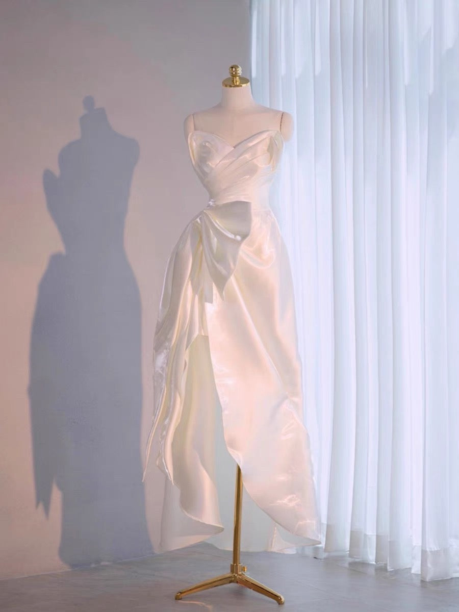 Chic High Low Spaghetti Straps Sleeveless White Satin Wedding Dresses With Ruffles