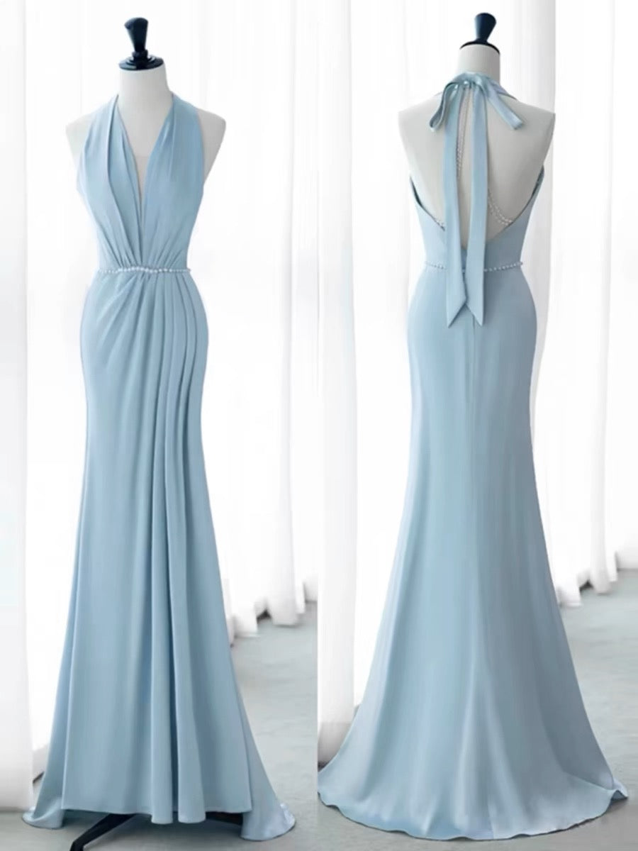 Elegant Mermaid V Neckline Blue Backless Pearls Long Prom Dress Evening Dresses