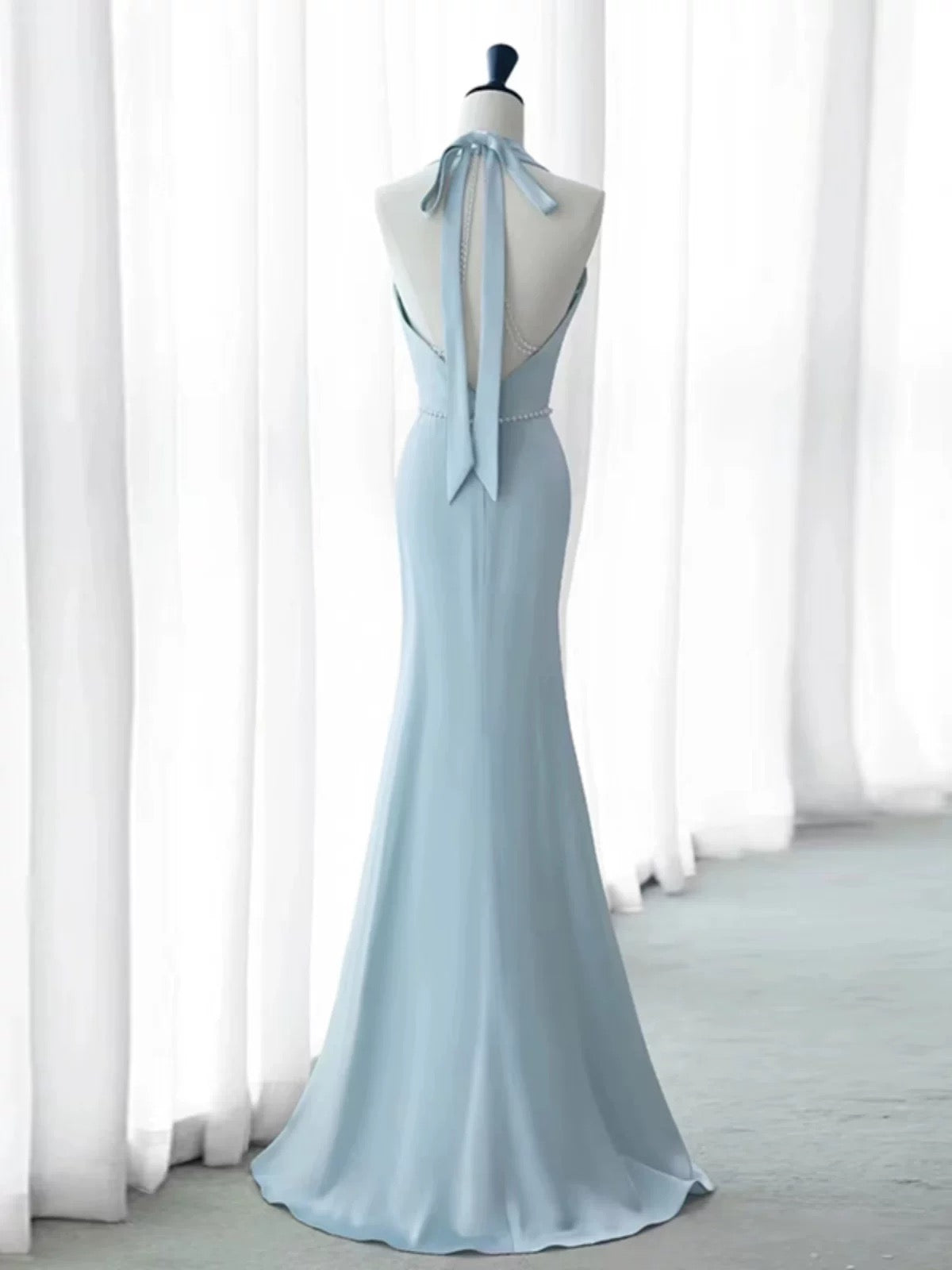 Elegant Mermaid V Neckline Blue Backless Pearls Long Prom Dress Evening Dresses