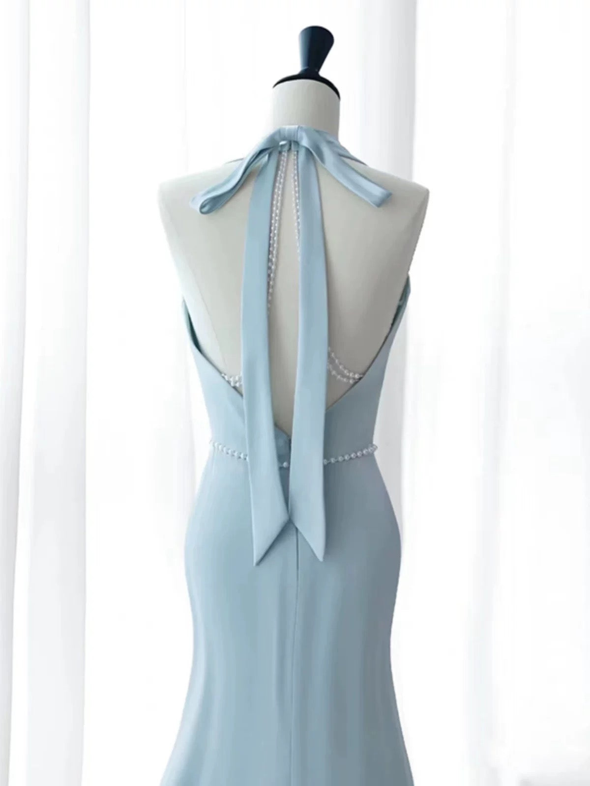 Elegant Mermaid V Neckline Blue Backless Pearls Long Prom Dress Evening Dresses