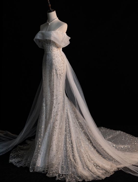 Elegant Mermaid Off The Shoulder Sequin Long Wedding Dresses