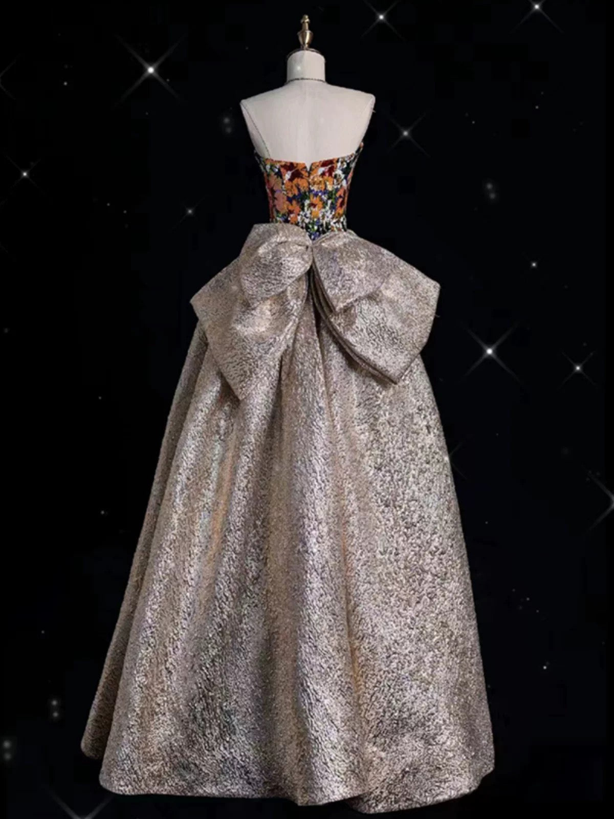 Pretty Ball Gown Strapless Floral Satin Long Prom Dress Evening Dresses With Bowknot