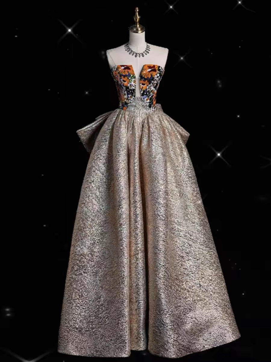 Pretty Ball Gown Strapless Floral Satin Long Prom Dress Evening Dresses With Bowknot