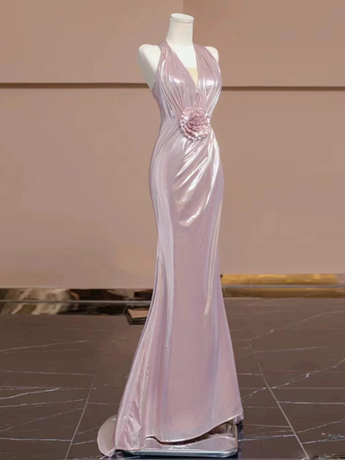 Elegant Sheath V Neckline Pink Sequin Long Prom Dress Evening Dresses With Flowers