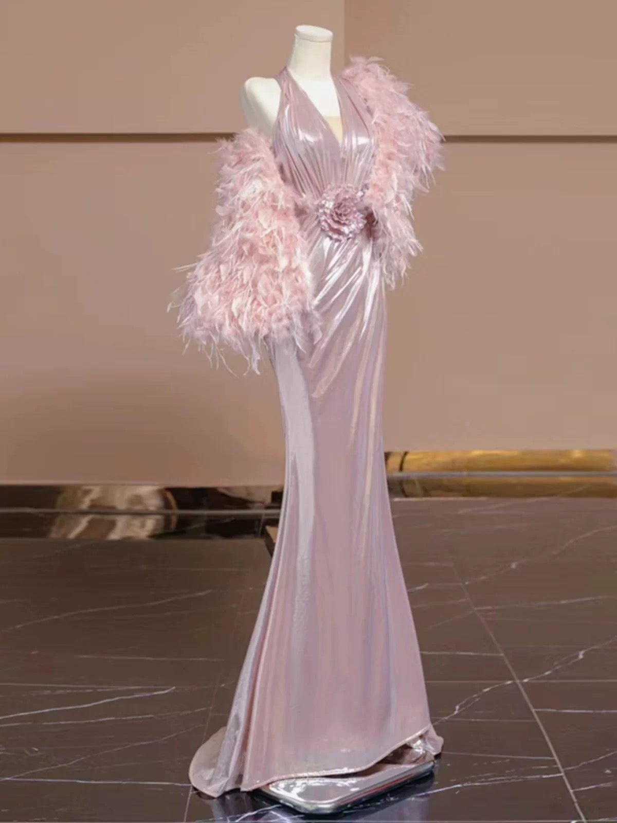 Elegant Sheath V Neckline Pink Sequin Long Prom Dress Evening Dresses With Flowers