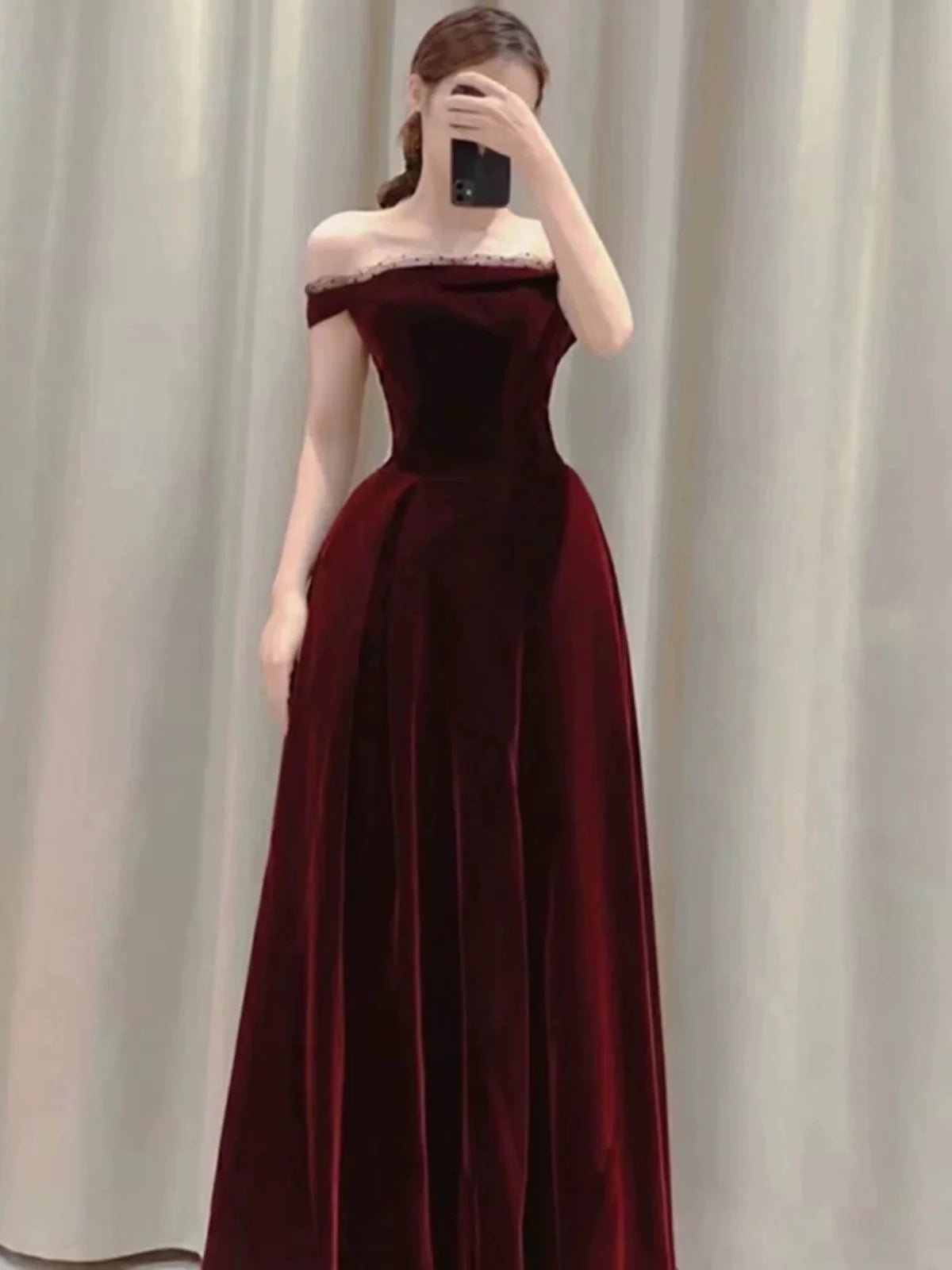 Elegant A line Off The Shoulder Burgundy Velvet Long Prom Dress Evening Dresses