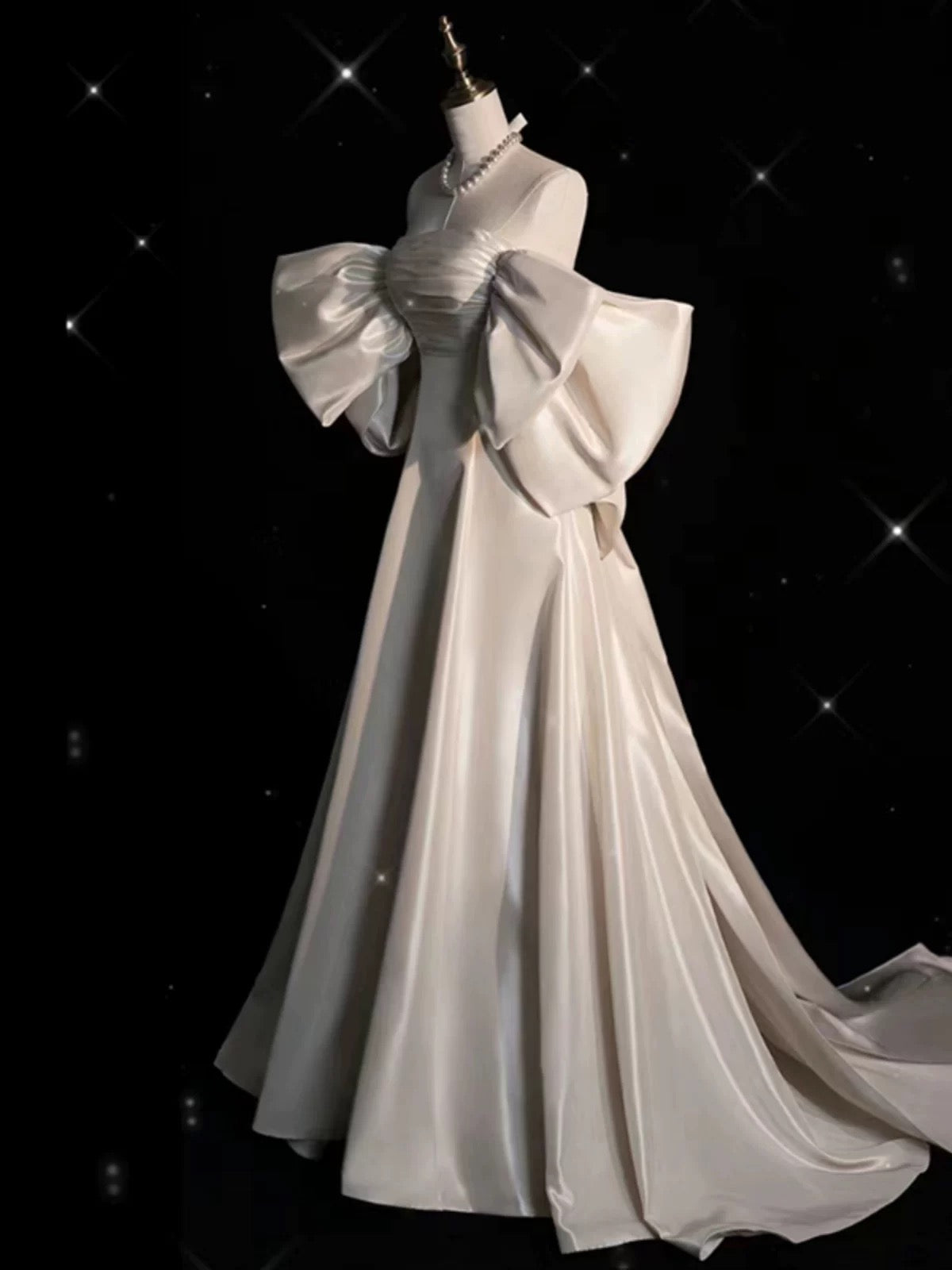 Chic A line Off The Shoulder Half Sleeves Satin Wedding Dresses With Ruffles
