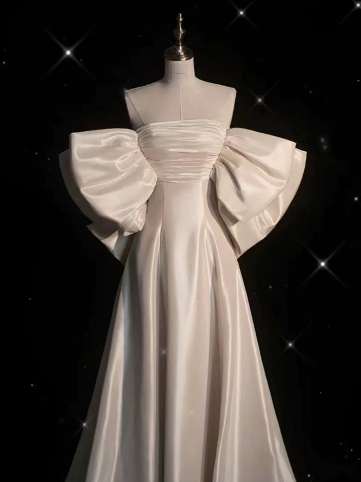 Chic A line Off The Shoulder Half Sleeves Satin Wedding Dresses With Ruffles
