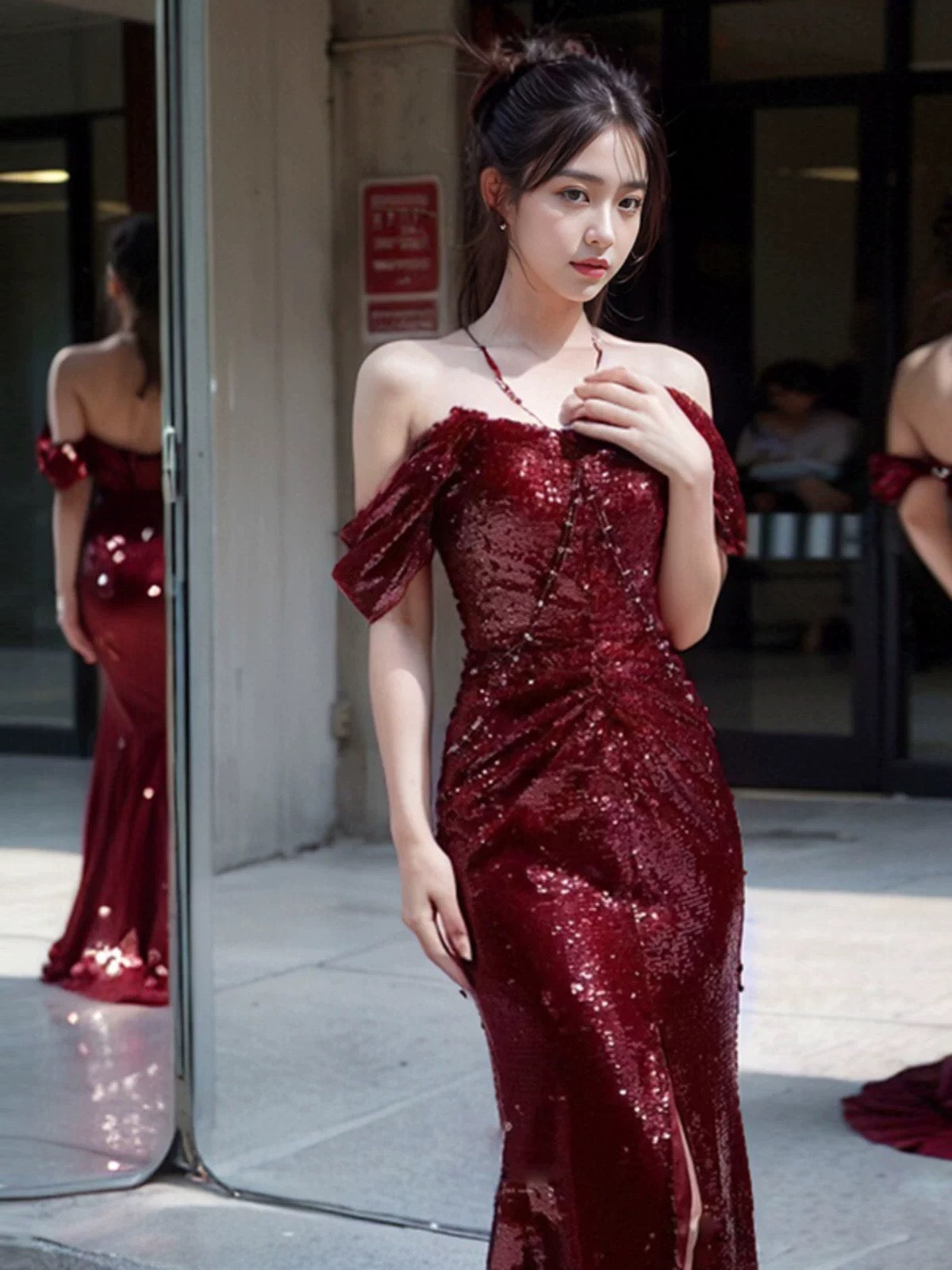 Elegant Mermaid Off The Shoulder Burgundy Sequin Long Prom Dress Evening Dresses
