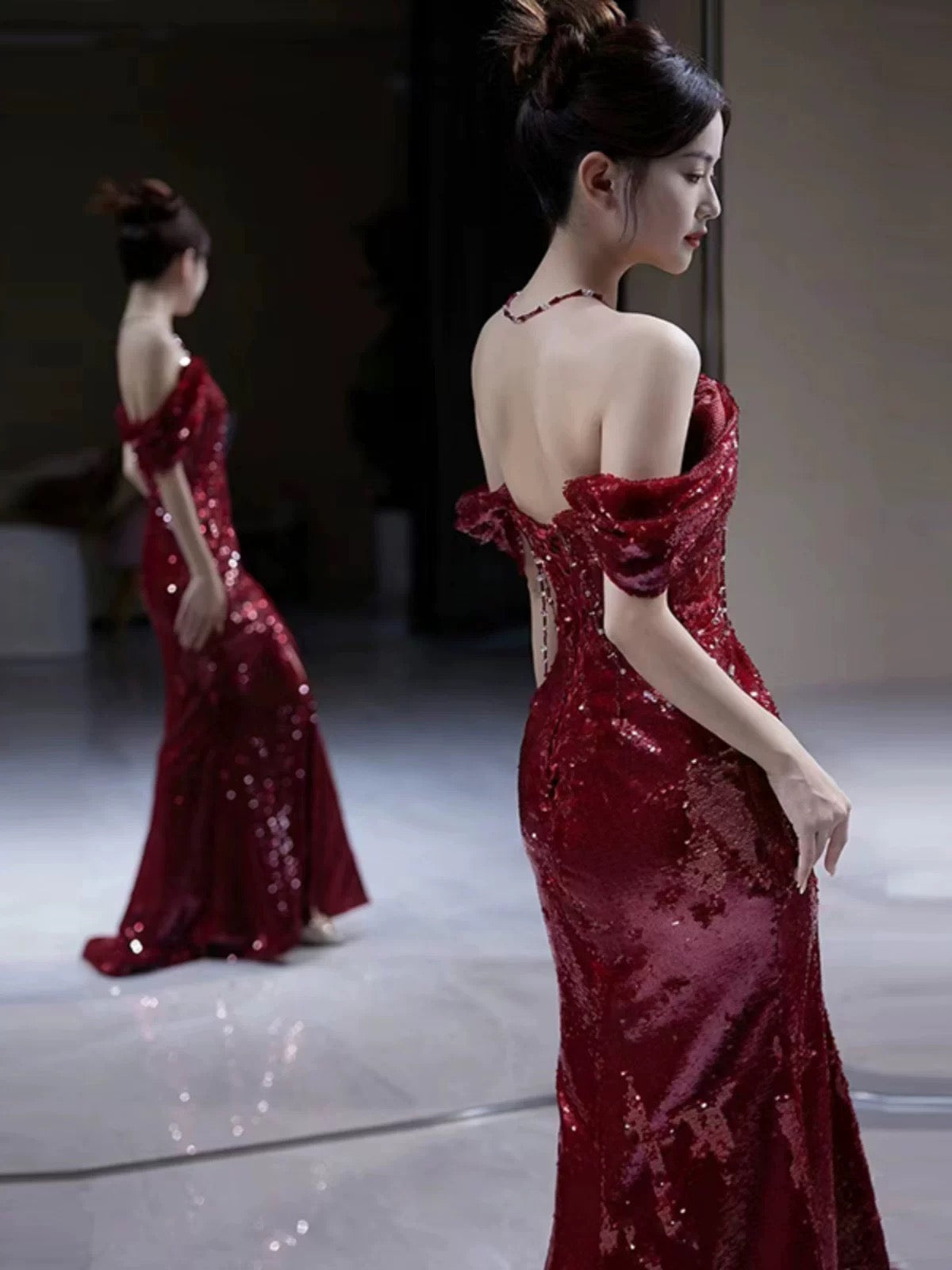 Elegant Mermaid Off The Shoulder Burgundy Sequin Long Prom Dress Evening Dresses