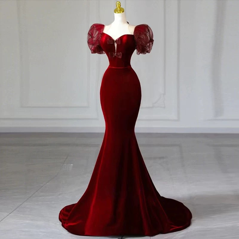 Elegant Mermaid Sweetheart Burgundy Short Sleeves Long Prom Dress Evening Dresses