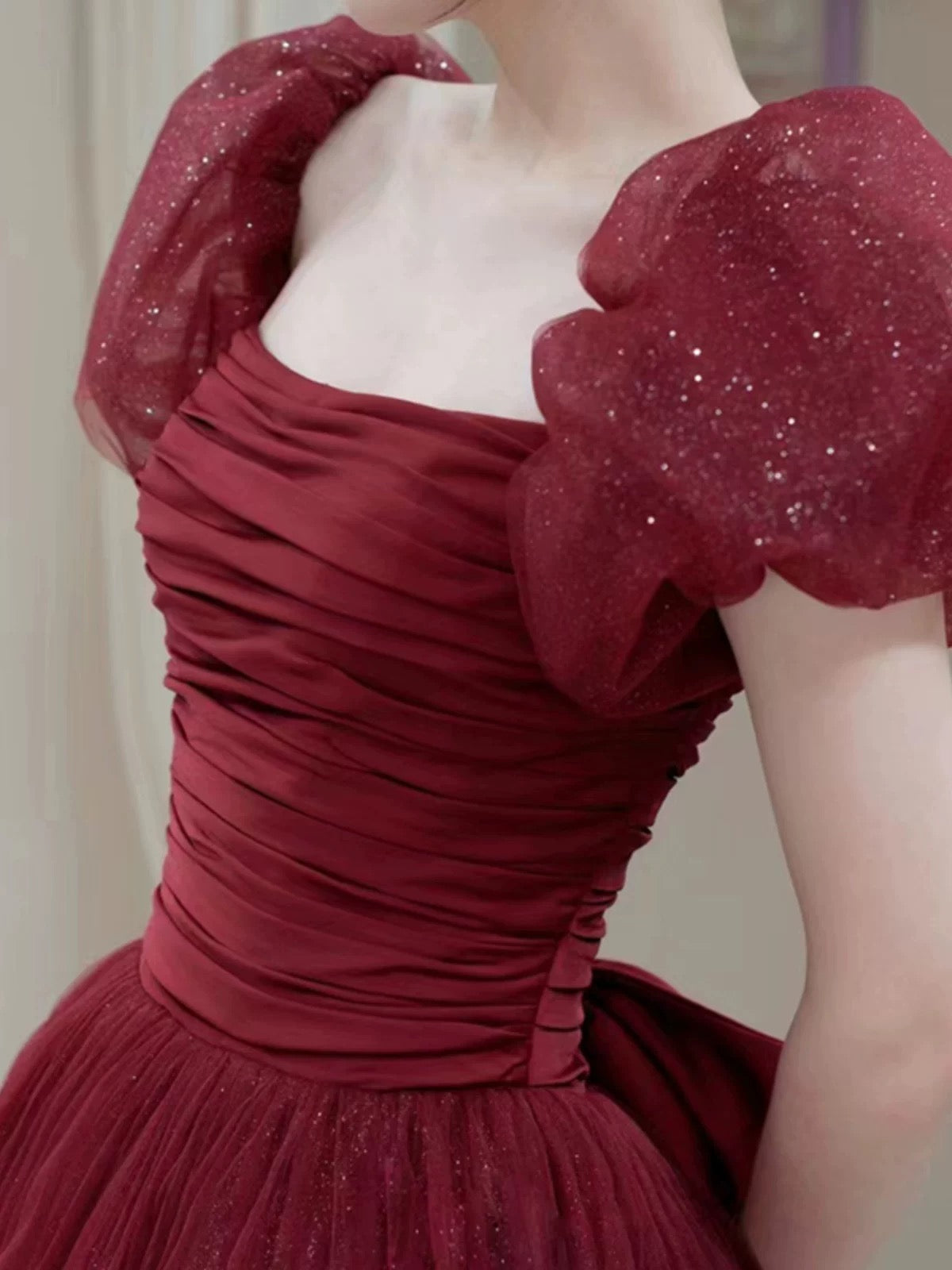Elegant Ball Gown Sweetheart Burgundy Short Sleeves Long Prom Dress Evening Dresses