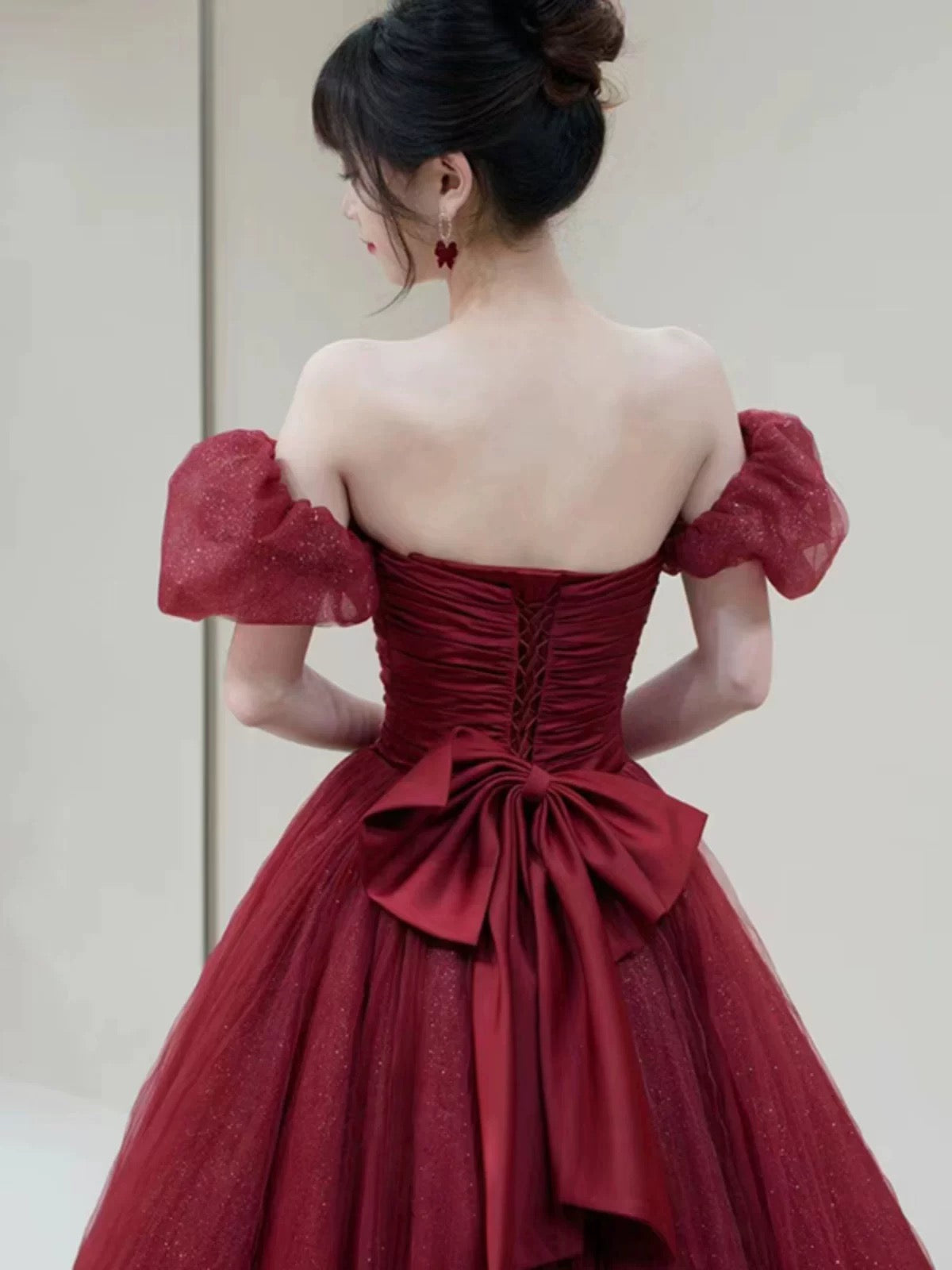 Elegant Ball Gown Sweetheart Burgundy Short Sleeves Long Prom Dress Evening Dresses