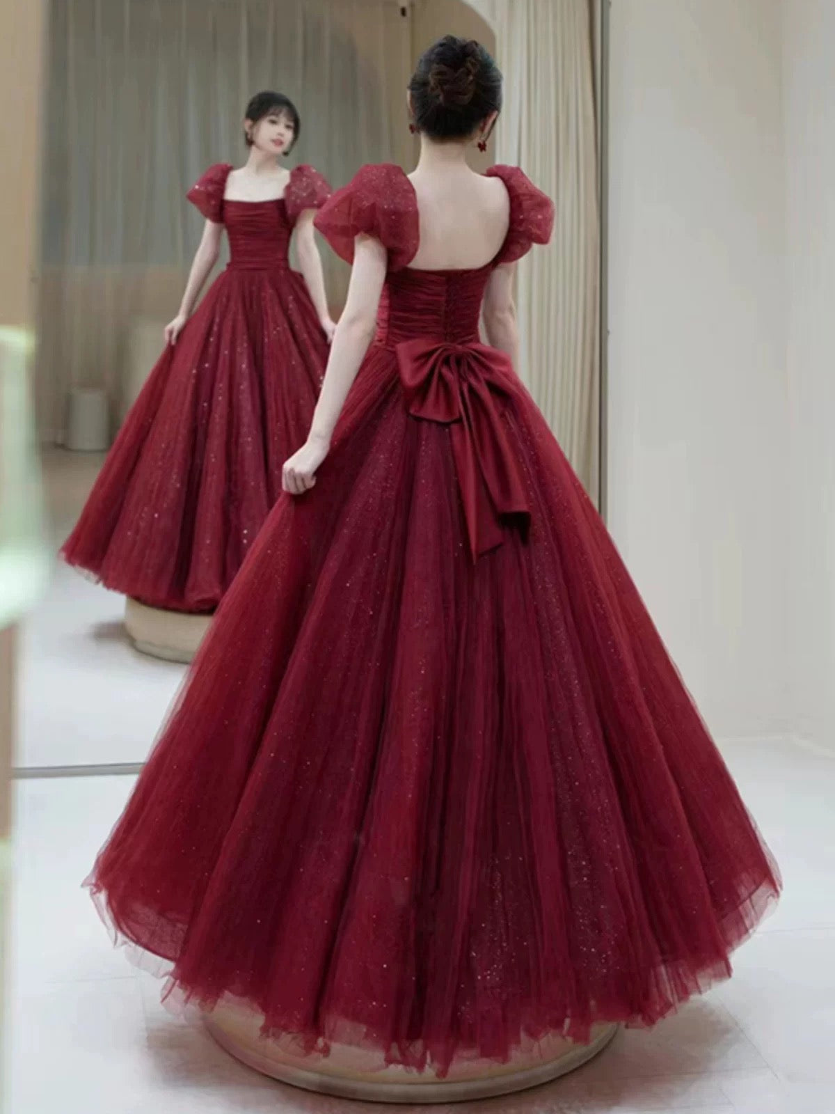 Elegant Ball Gown Sweetheart Burgundy Short Sleeves Long Prom Dress Evening Dresses