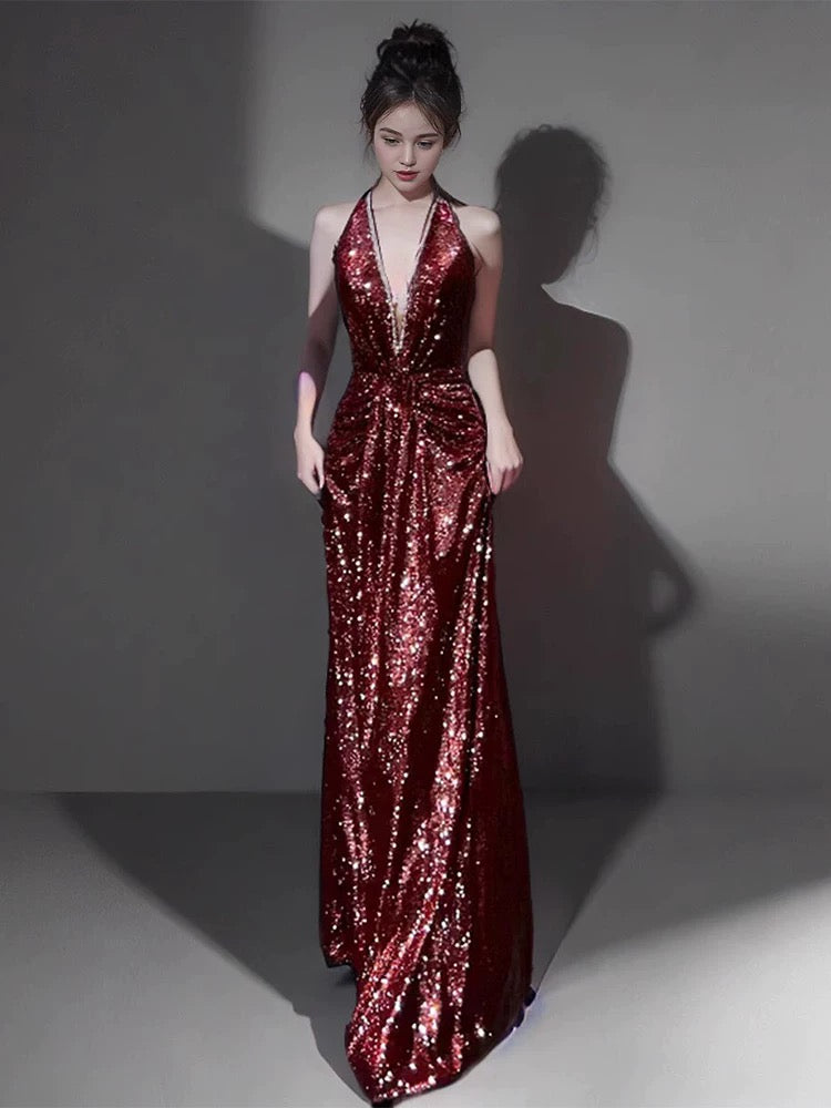 Sexy Mermaid V Neckline Burgundy Sequin Prom Dresses Evening Dress With Beads