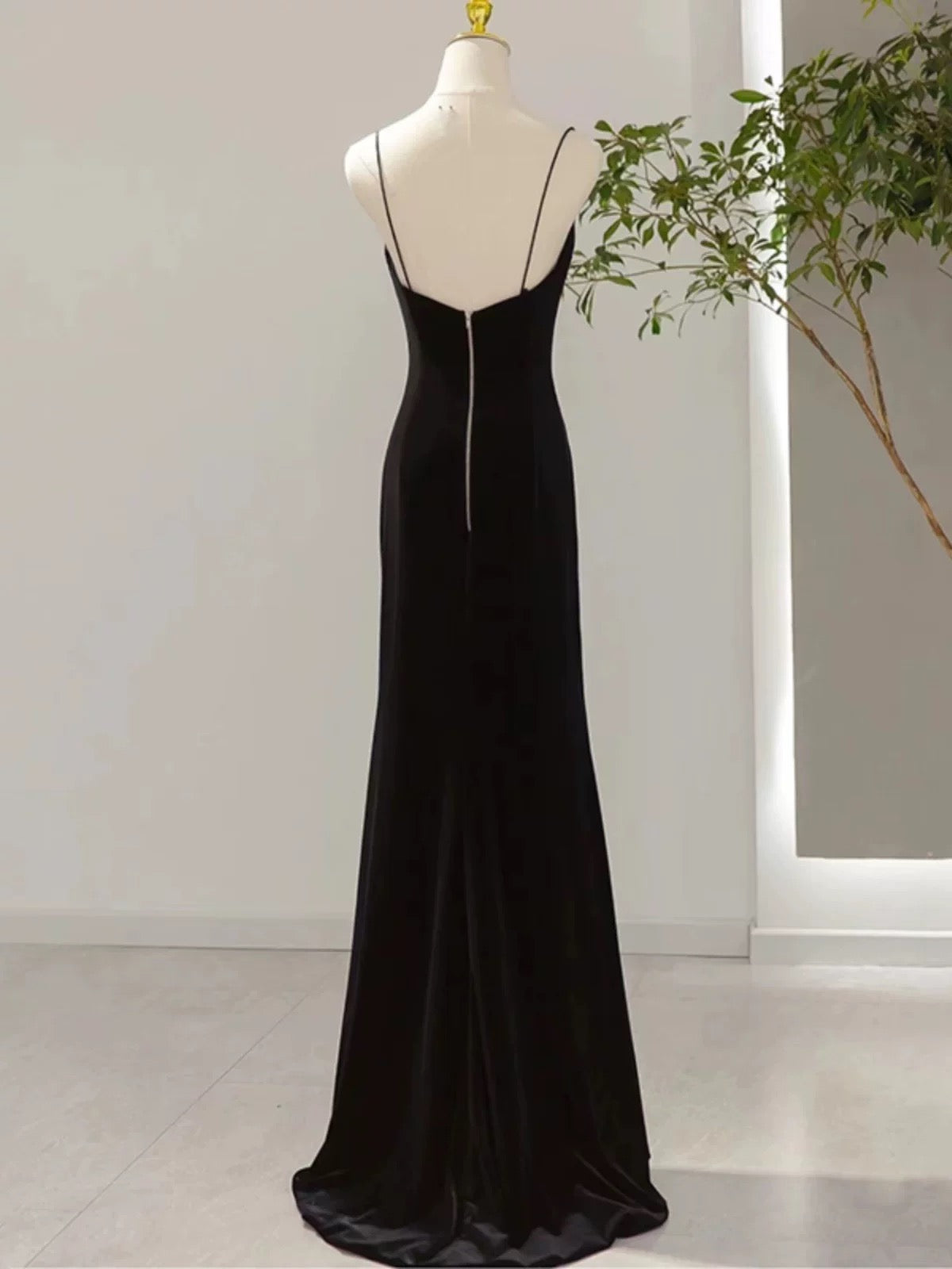 Sexy Mermaid Spaghetti Straps Black Long Prom Dresses Evening Dress