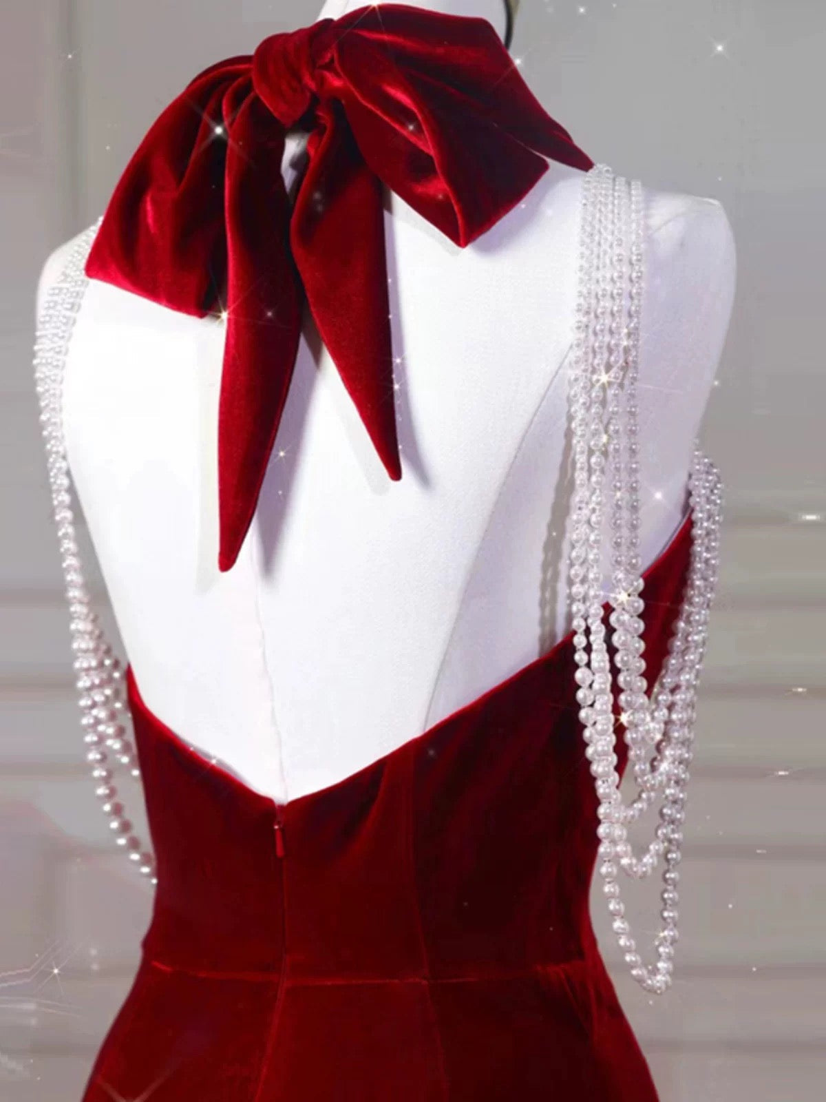 Sexy Mermaid Halter Red Velvet Long Prom Dresses Evening Dress