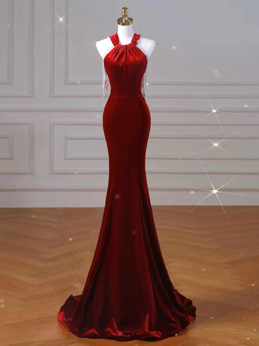 Sexy Mermaid Halter Red Velvet Long Prom Dresses Evening Dress