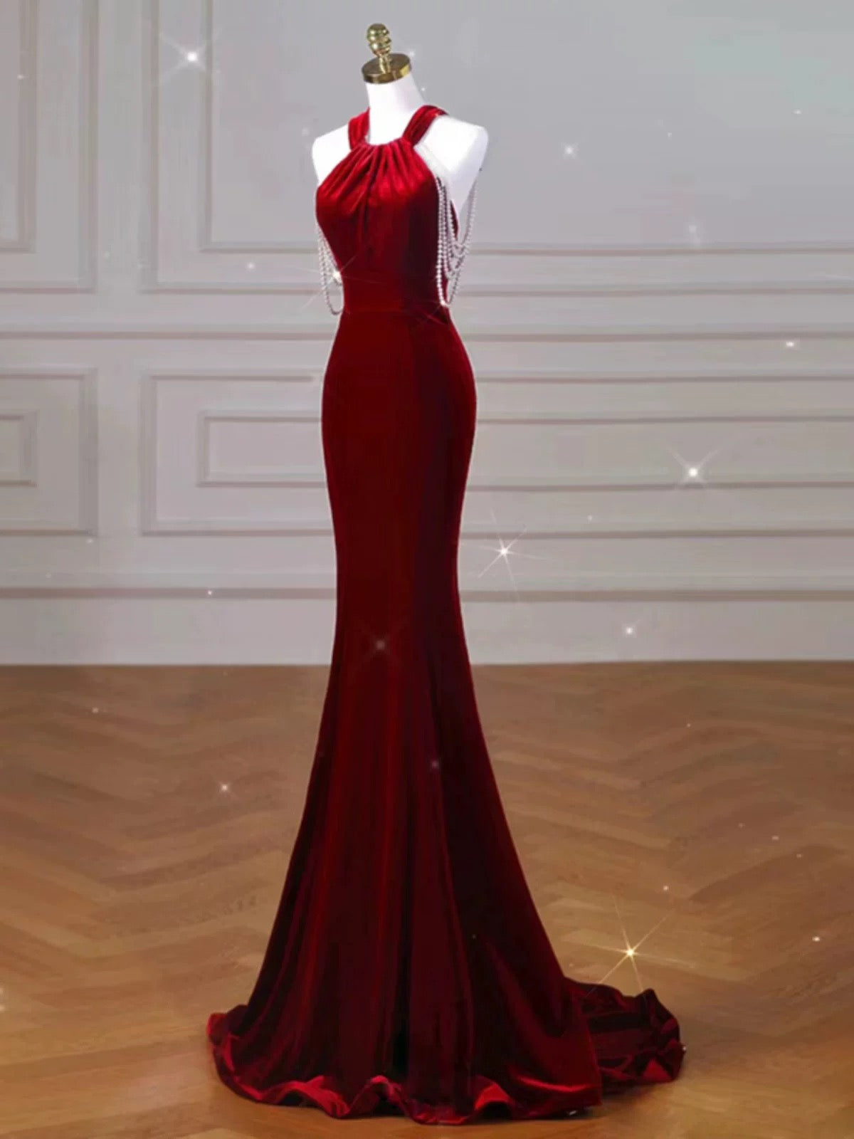 Sexy Mermaid Halter Red Velvet Long Prom Dresses Evening Dress