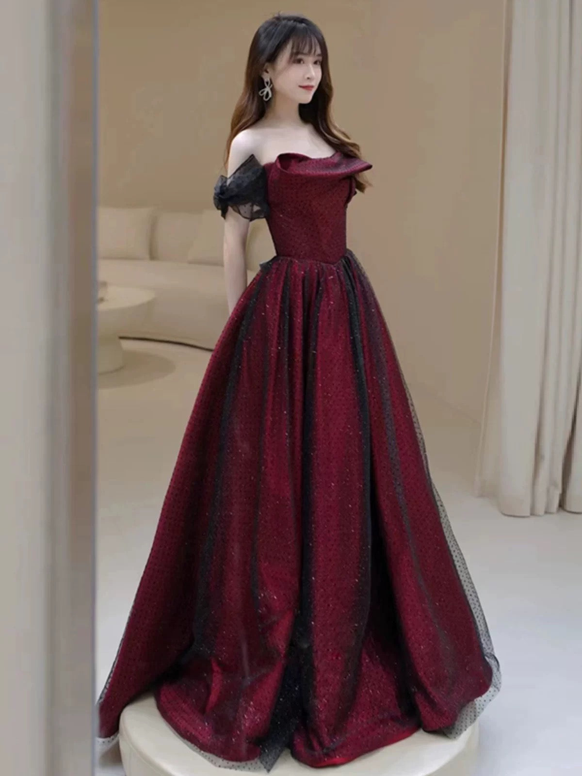 Sexy Ball Gown Off The Shoulder Red Tulle Long Prom Dresses Evening Dress