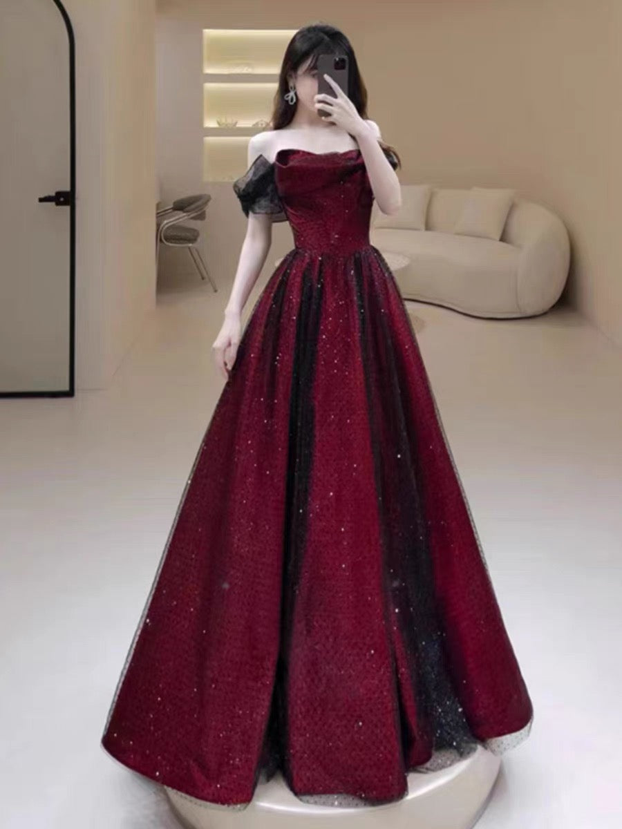 Sexy Ball Gown Off The Shoulder Red Tulle Long Prom Dresses Evening Dress