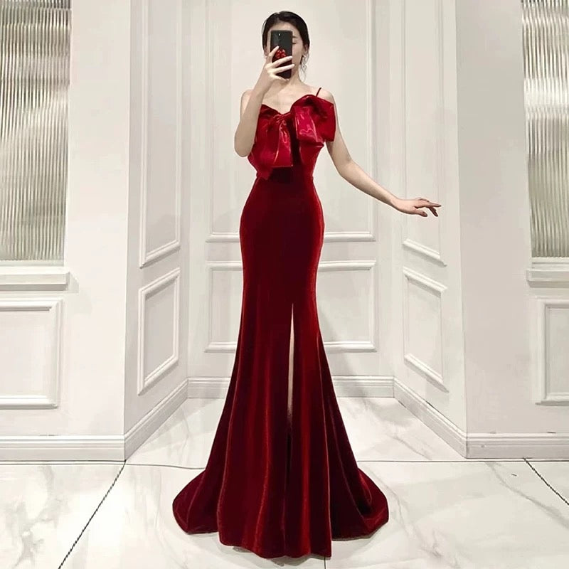 Elegant Mermaid Spaghetti Straps Burgundy Long Prom Dress Evening Dresses