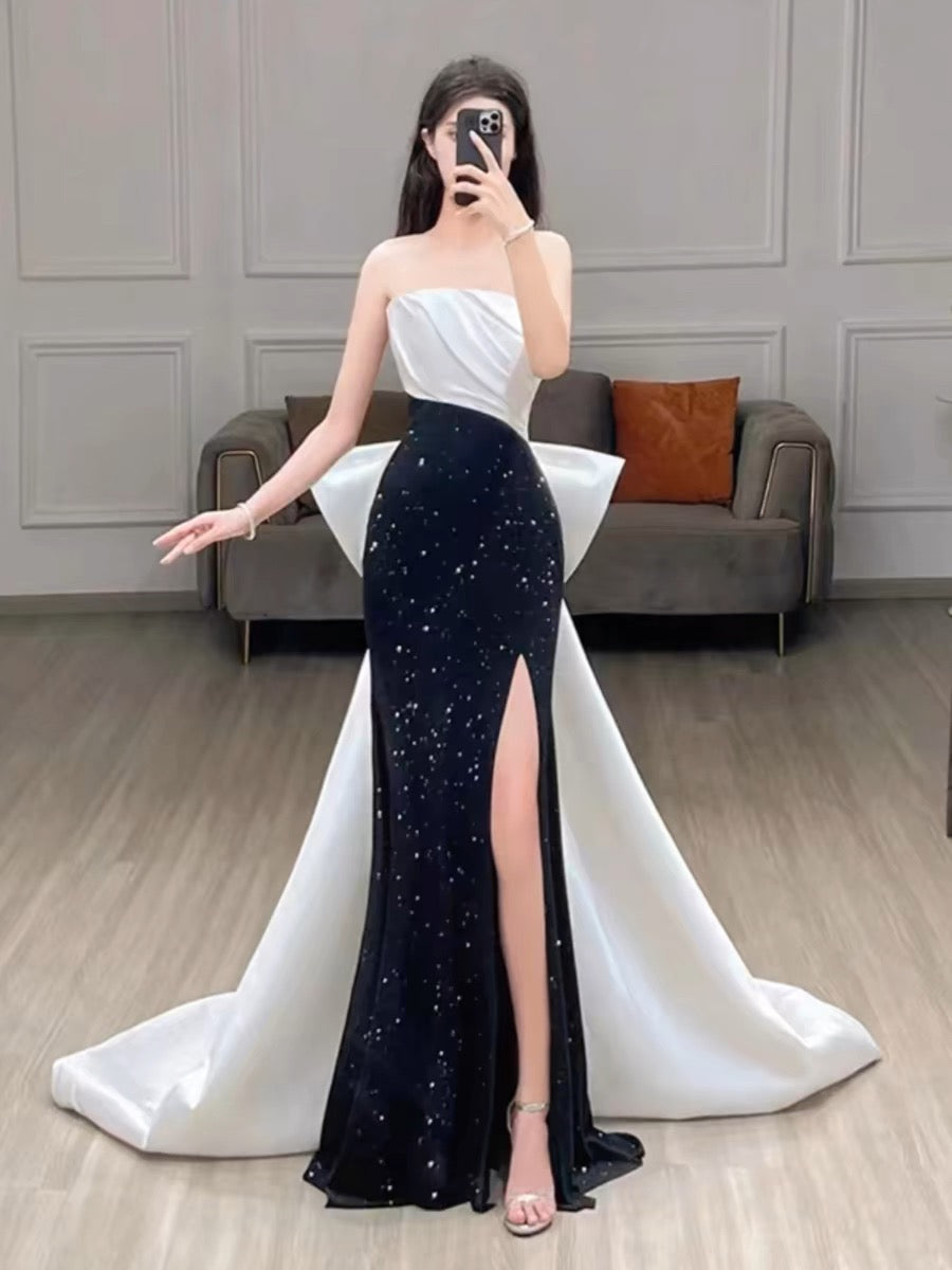 Elegant Mermaid Strapless Black Sequin Long Prom Dress Evening Dresses