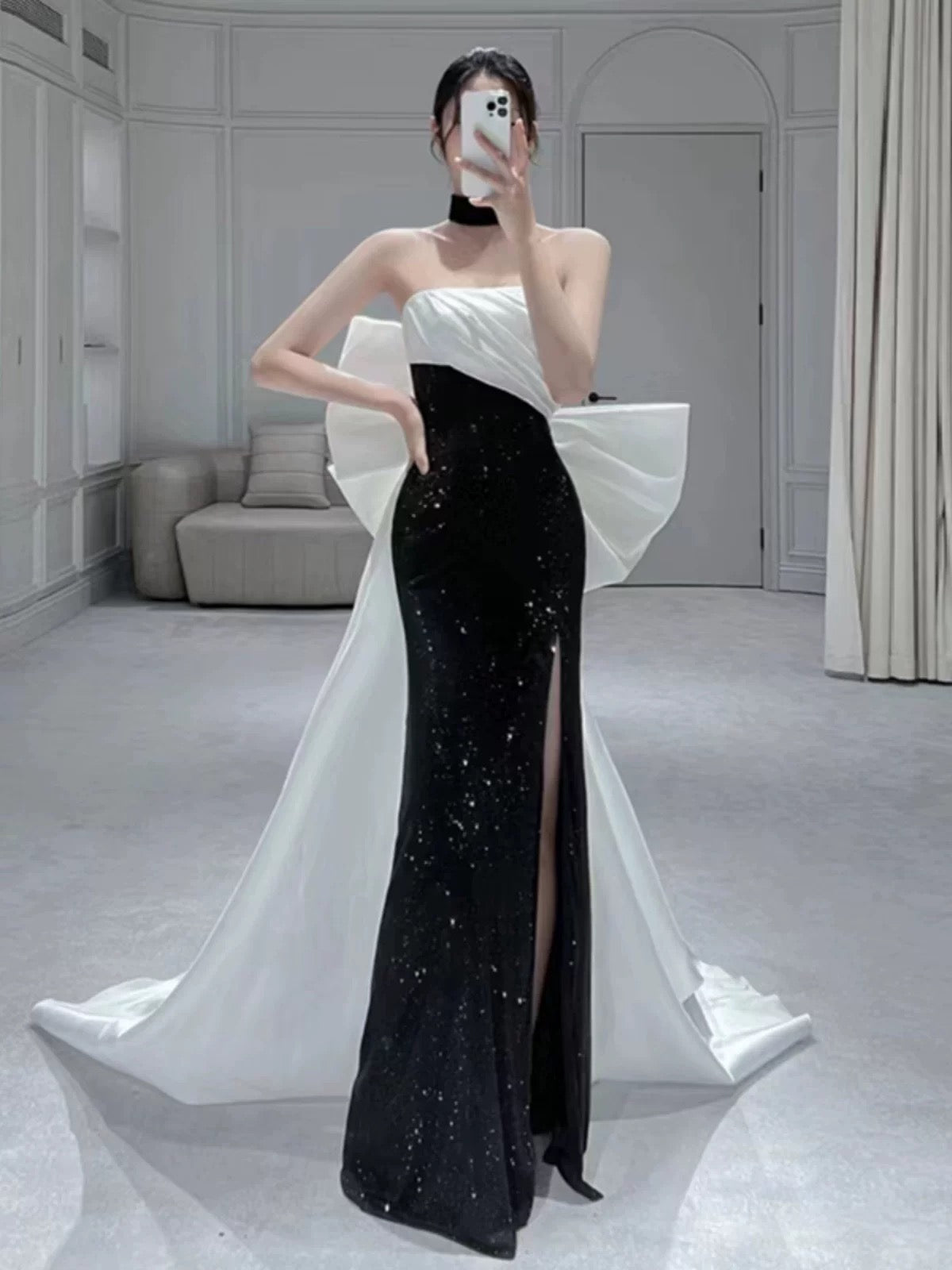Elegant Mermaid Strapless Black Sequin Long Prom Dress Evening Dresses