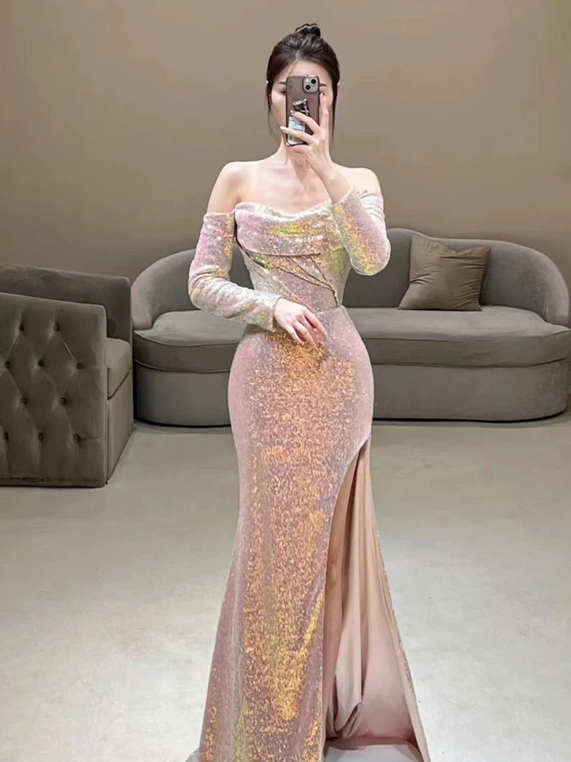Elegant Mermaid Strapless Pink Slit Sequin Long Prom Dress Evening Dresses