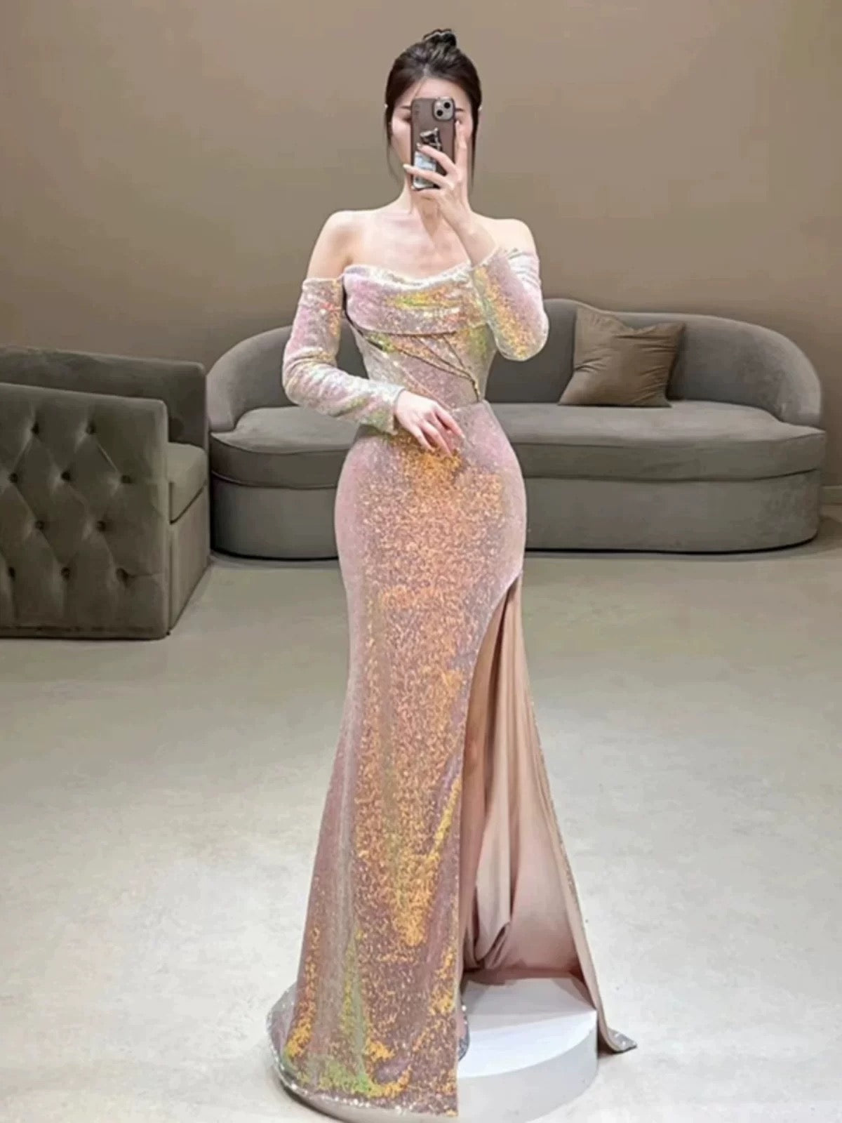 Elegant Mermaid Strapless Pink Slit Sequin Long Prom Dress Evening Dresses