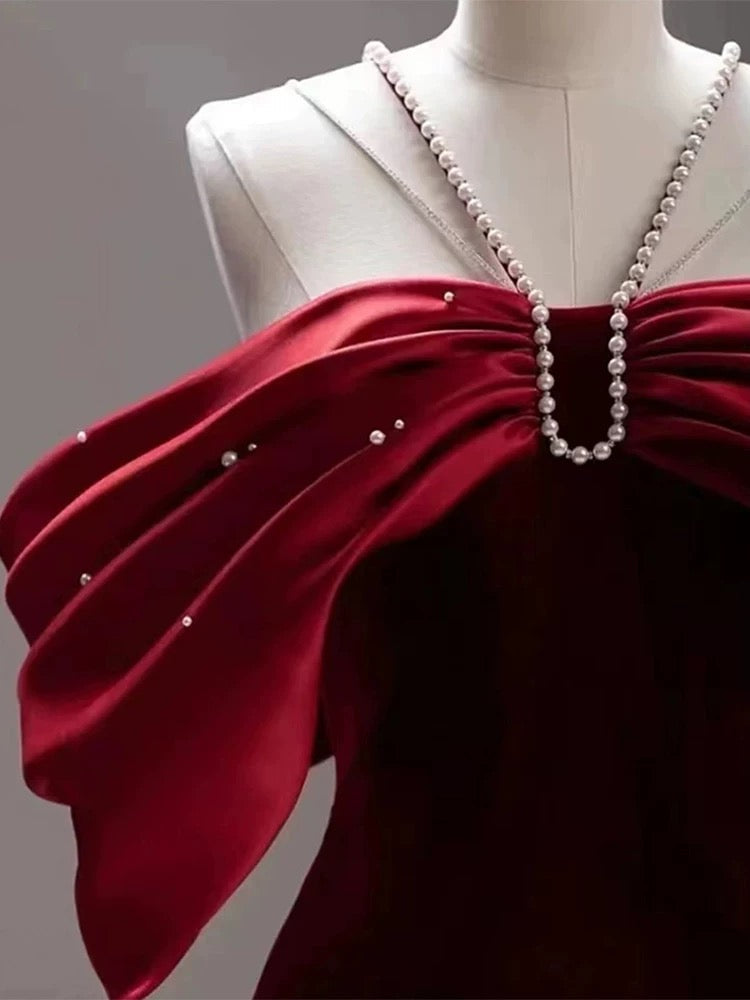 Elegant Mermaid Off The Shoulder Halter Burgundy Long Prom Dress Evening Dresses