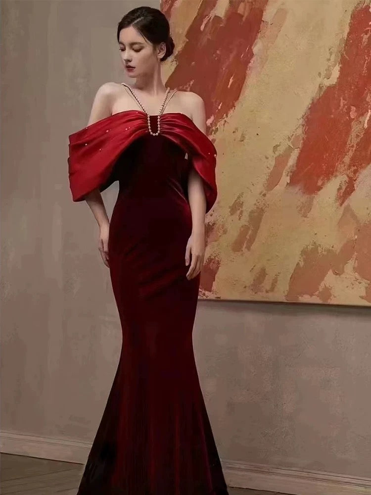 Elegant Mermaid Off The Shoulder Halter Burgundy Long Prom Dress Evening Dresses