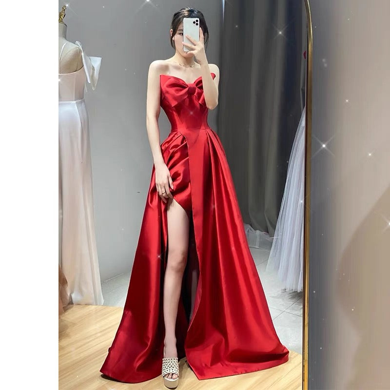 Elegant A line Sweetheart Red Satin Long Prom Dress Evening Dresses