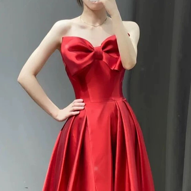 Elegant A line Sweetheart Red Satin Long Prom Dress Evening Dresses