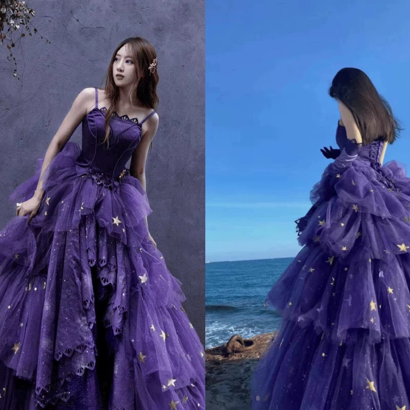 Elegant Ball Gown Strapless Purple Satin Long Prom Dress Evening Dresses