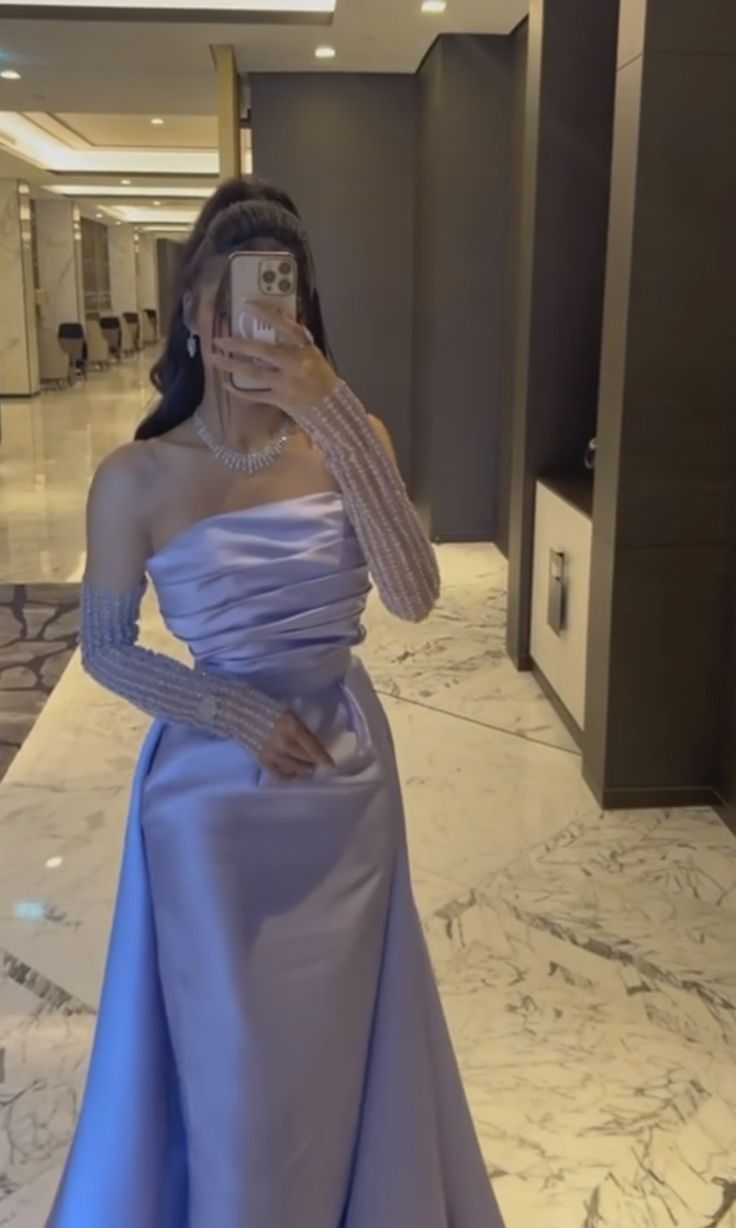 Classy Sheath Strapless Long Sleeves Lilac Long Satin Party Dress Prom Dresses Evening Dress