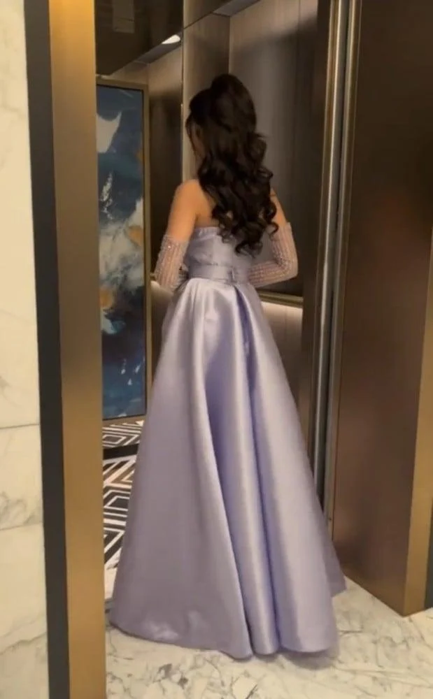 Classy Sheath Strapless Long Sleeves Lilac Long Satin Party Dress Prom Dresses Evening Dress