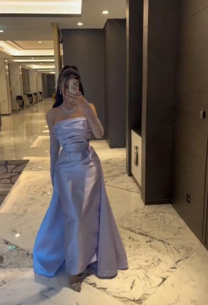 Classy Sheath Strapless Long Sleeves Lilac Long Satin Party Dress Prom Dresses Evening Dress