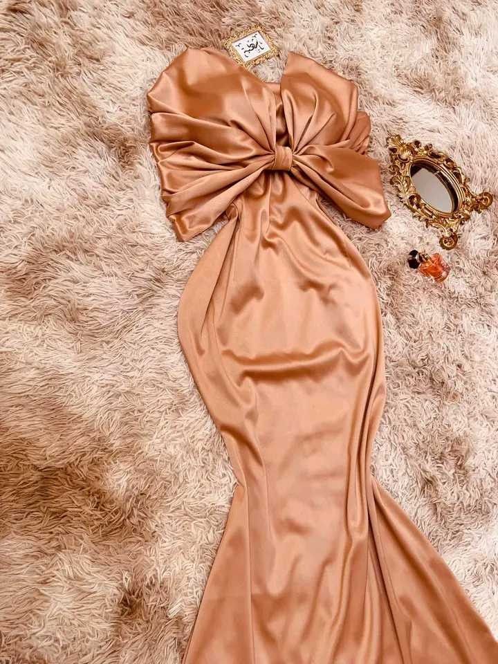Classy Mermaid Strapless Gold Long Satin Party Dress Prom Dresses Evening Dress