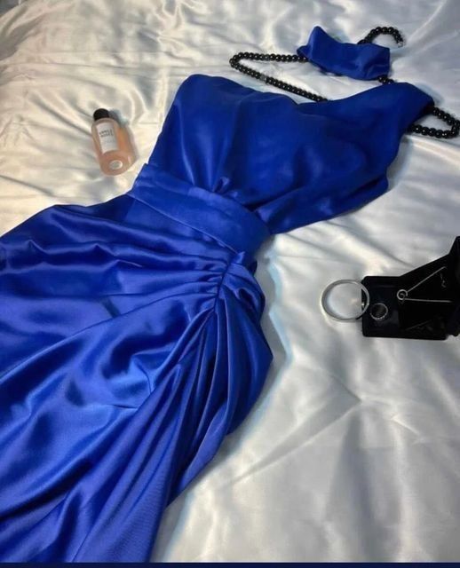 Classy A line One Shoulder Royal Blue Long Satin Pleated Party Dress Prom Dresses Evening Dress